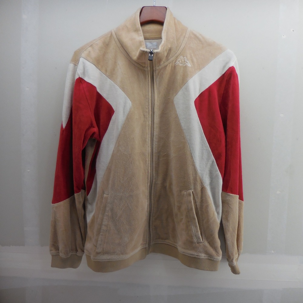 Kappa Mens Velour Track Jacket Colorblock Tan Red White Full Zip Small